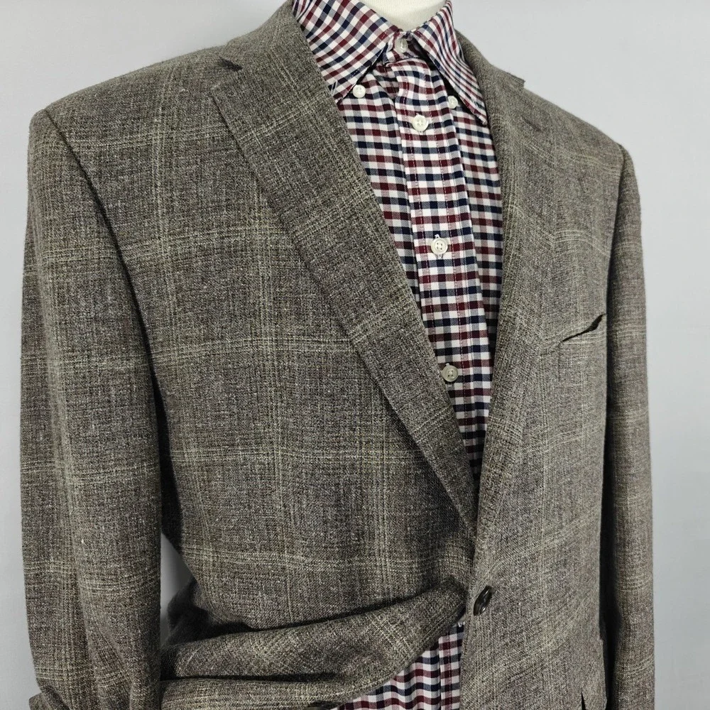 JOS A BANK‎ Reserve Men's Sport Coat  Brown Plaid Wool Silk Linen E.THOMAS 46R